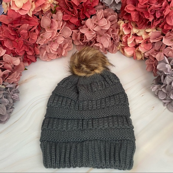Dark Gray Knit Criss Cross Ponytail Pom Pom Beanie with Mask Buttons - Picture 6 of 15